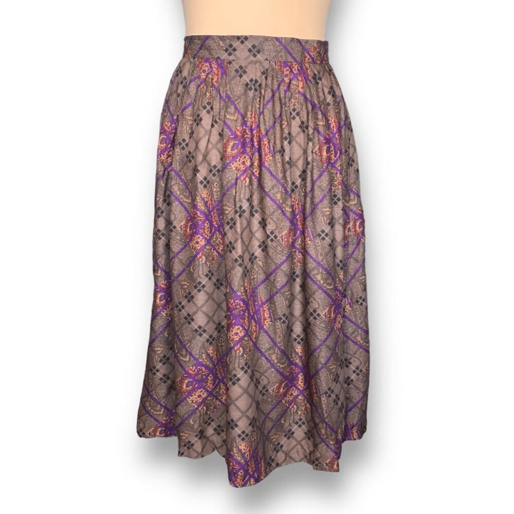 Vintage 90s Flowing Midi Skirt Taupe Purple Paisley Lattice Plaid Print Romantic - Picture 2 of 10